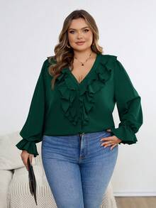 SHEIN CURVE+ Áo sơ mi nữ cỡ lớn viền bèo nhún chủ đề ngày lễ - Màu xanh lá cây đậm - Xem 7