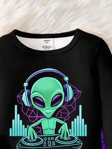 1Set Glow-In-The-Dark DJ Alien & Galaxy Print Snug Fit Pajama Set For Young Boys, Spring/Autumn - Black - View 4