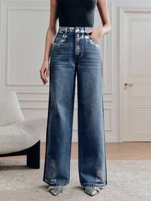 Anewsta 女士时尚魅力银箔浪漫派对蓝色直筒牛仔裤 - 藍色 - 查看 3