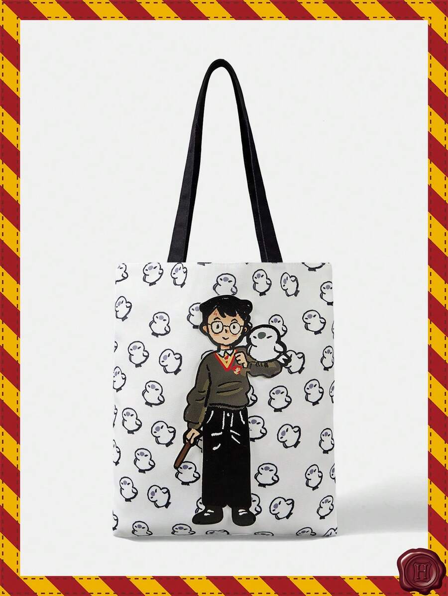 HARRY POTTER X SHEIN Una bolsa de lona con bordado de dibujos animados lindos y de moda - Blanco A - Ver 1