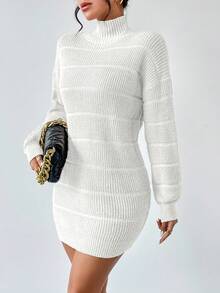 Islaluna Đầm ngắn dáng suông cổ tàu họa tiết thời trang nữ, đầm len, đầm dệt kim, đầm cổ lọ, đầm trắng tay dài. - trắng - Xem 3