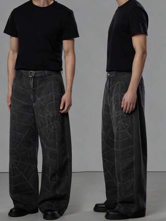 Street Life Jeans in denim con stampa digitale a ragnatela e chiusura con fibbia per uomo