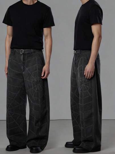 Street Life Herren Jeans mit Spinnennetz Digitaldruck und Schnalle Fliegenverschluss