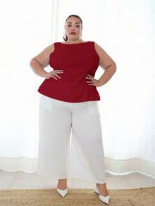 Pretty and Ole Blusa Regata Feminina Plus Size de Cor Sólida com Amarração na Cintura e Costas Abertas - Vinho - Visão 5