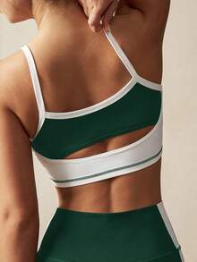VARSIVA Blue And White Contrasting Patchwork Strips Hollow High Waist Women Sports Sets 2 Piece Short Sets Woman Sports Bra And Shorts Set Two Piece Set Women Workout - Green - View 2