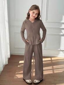Tween Girls 2pcs Solid Hoodie Top And Wide Leg Pants Set, Casual For Spring/Autumn, Daily Wear - Mocha Brown - View 9