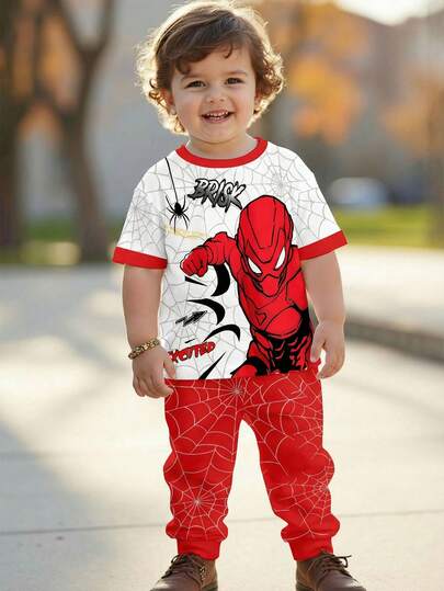 SHEIN 2pcs/Set Young Boy Casual Loose Comfortable Sports Style Round Neck Short Sleeve Top And Pants, Classic Cool Spider Graphic, Cartoon Super Spider Hero Character Print, Spider, Spider Web Pattern, Suitable For Spring/Summer