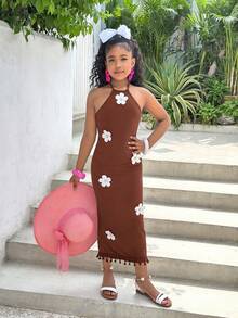 SHEIN Gaun Liburan Pas Badan dengan Motif Bunga Elegan untuk Remaja Perempuan - Coklat - View 6