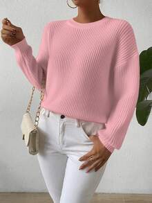 SHEIN LUNE Women's Casual Baby Pink Rib-Knit Round Neck Drop Shoulder Long Sleeve Regular Pullover Sweater - Baby Pink - View 7