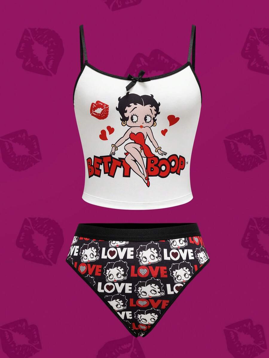 Betty Boop x SHEIN Bộ đồ nữ thoải mái, mềm mại, in hình hoạt hình gồm áo hai dây và quần lót. - màu đen - Xem 1
