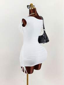 Amplova 2026 New Solid White Comfortable Asymmetric Ruched Bodycon Mini Dress For Women - White - View 10