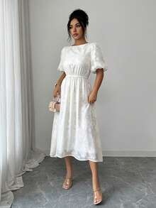 Modelyn 杏色镂空松紧腰泡泡袖系带露背优雅法式中长连衣裙，女士夏季款 - 杏色 - 查看 5