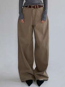 DAZY 复古休闲美拉德棕色直筒女裤 - 棕色 - 查看 6