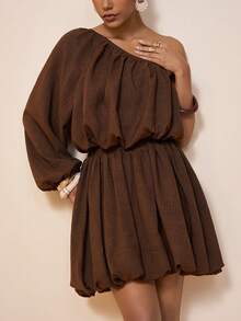 Zivah 2026 Spring & Summer New Arrival Wedding Season, Music Festival, Easter, Western, Nomadic, Bohemian, Nashville Style Party, Wedding, Gala, Date, Gathering, Birthday, College, Student, Daily Casual, Basic Versatile, Leisure, Vacation, Cruise Travel, Beach, Sunbathing, Trending, Elegant, Commute, Business Casual Oblique Shoulder Long Sleeve Ruched Crop Top + Loose Flare Mini Skirt Coffee Brown 2-Piece Set, Spring/Summer Party Set, Commute Set, Elegant Set, Vacation Set, Women 2-Piece Outfit - Coffee Brown - View 1