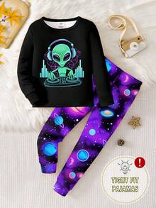 1Set Glow-In-The-Dark DJ Alien & Galaxy Print Snug Fit Pajama Set For Young Boys, Spring/Autumn - Black - View 3