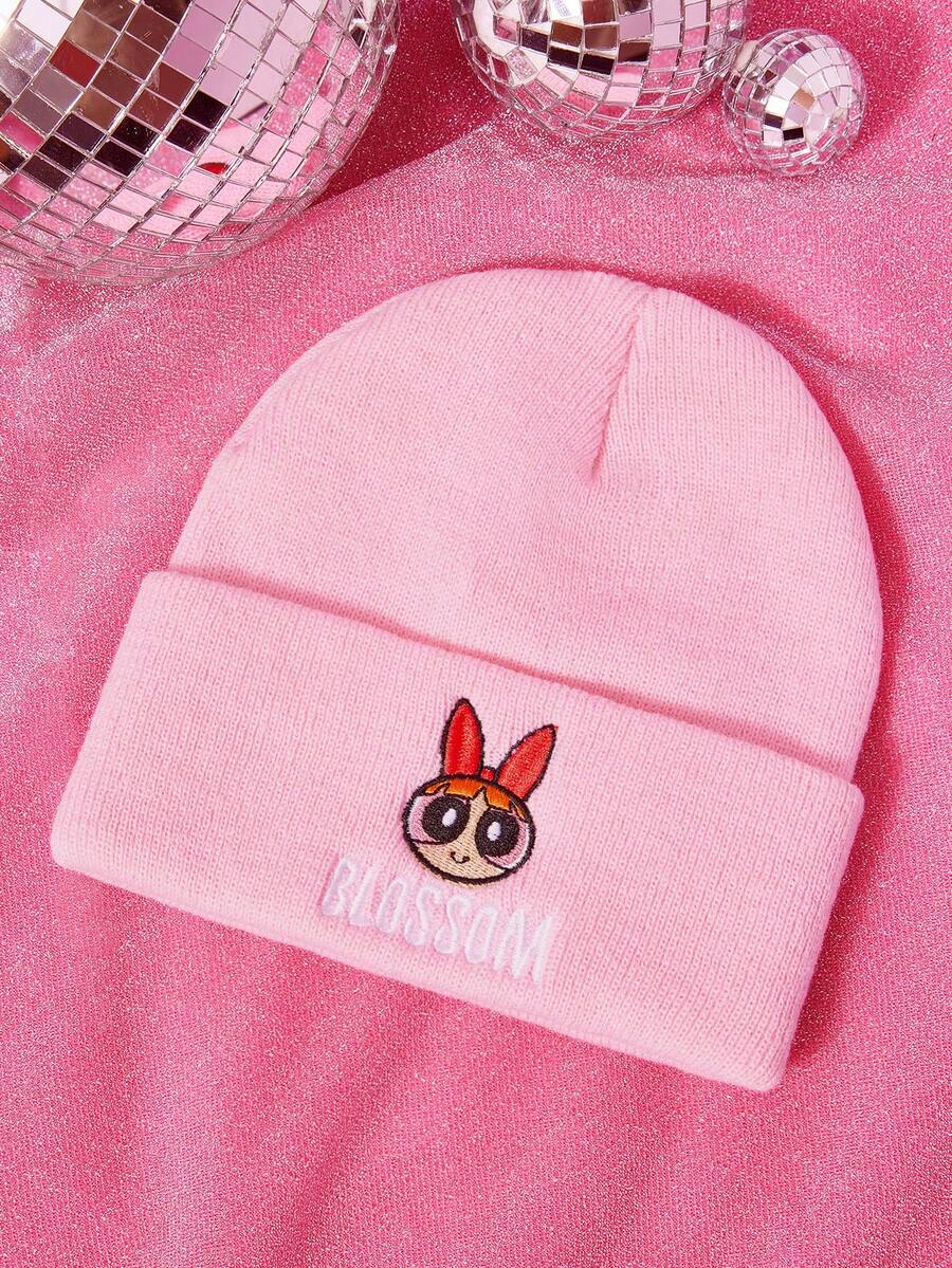 THE POWERPUFF GIRLS X SHEIN 1pc Knitted Beanie Hat With Blossom Embroidery Pattern, Fashionable Street Riding Gift Choice - A - View 1