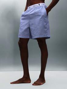 PLAYBOY X SUMWON Pinstripe Waistband Logo Regular Fit Casual Elasticated Summer Lightweight Cotton Blend Bermuda Casual Walking - Blue and White - View 5