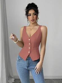 Selianne Women's Solid Color Single-Breasted Casual Versatile Thick Strap Tank Top - Pink - View 6