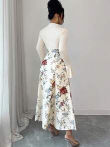 Modelyn 女士优雅印花高领连衣裙，饰有串珠，适合秋冬季穿着 - 淡黃色 - 查看 2