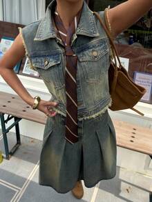 Muchica Women's Casual Washed Denim Vest & Pleated Denim Skirt Set - Light Wash - View 8