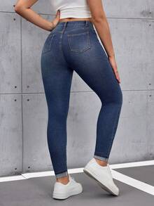 SHEIN Tall Women's High Waist Pockets Casual Versatile Skinny Jeans - Dark Wash - View 2