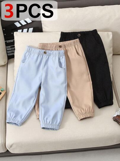 Souflis Souflis Set de 3 pantalones casuales con bolsillo y cintura elástica para bebés y niños pequeños, con decoración de botones, de estilo versátil, adecuados para primavera, verano, otoño, invierno, uso diario, escuela, viajes y deportes
