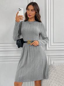 SHEIN LUNE 休闲修身长袖女式连衣裙，适合秋冬季穿着 - 淺灰色 - 查看 4