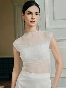 Anewsta 渐变半透明弹力修身短袖上衣，适合秋季、冬季、新年穿着，优雅、别致、时尚，圣诞节、外出皆宜 - 白色 - 查看 5