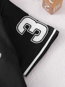 SHEIN Playful Pals Baby Boy Fashion Street Sports Baseball Jacket, Football Jersey, Basketball Jersey Style Jacket & Shorts Set, Baby Sports Outfit, Spring/Summer Set Baby Street Wear Baby Basketball Jersey Baby Boy Clothes Letterman Los Angeles Baby Boy Jersey Toddler Baseball Outfit - Black and White - View 7