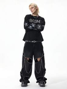 ROMWE MEN Street Life Men's Fashion Belted Rivet Hollow-Out Jeans - Black - View 7