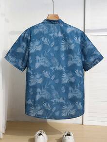 SHEIN Teen Boys' Summer Vibe Palm Tree Print Collared Short Sleeve Shirt, Casual, Comfortable, Fashionable, Versatile, Soft Fabric, Suitable For Daily Wear, School, Travel, Outdoor Activities, Music Festivals, Holidays, Beach Vacations, Summer Vibes, Festivals, Spring/Summer Summer Shirt Hawaii Shirt Beach Shirt - Blue - View 3