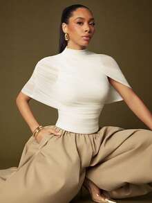 Vixey Burgundy Mesh Asymmetrical Draped Sleeve Mock Neck Top