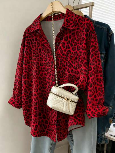 Franclia レディース カジュアル ルーズ 長袖シャツ、レオパード柄、シンプルで多用途、秋冬シーズンの日常着