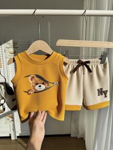 SHEIN 2件套男婴夏季休闲可爱卡通熊图案连帽背心和短裤套装，儿童服装 - 彩色 - 查看 5