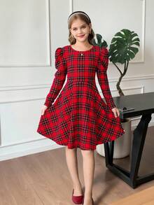 SHEIN Serisse Kids Tween Girls Cute Elegant Back 3D Bow Decoration Dress, Casual Simple Elegant Red Plaid Dress, , Birthday Dress, Princess Dress, Tween Girls Christmas Dress, Teen Clothing, College Dress,Bow Dress, Long-Sleeved Dress, Winter Dress - Red - View 2