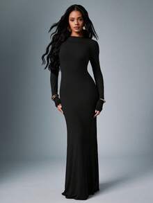 Hauture Women's Sexy Deep Drape Criss Cross Back Long Sleeve Maxi Dress - Black - View 4