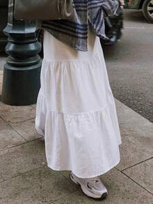 DAZY Women's Summer Vacation Solid Color Textured Ruffle Hem A-Line Skirt - White - View 4