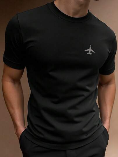 Manfinity Homme Men Airplane Print Short Sleeve Tee, Casual, For Going Out, For Husband