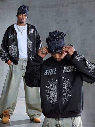 Street Life Felpa con cappuccio casual da uomo con chiusura lampo e motivo a ragnatela, spalle abbassate