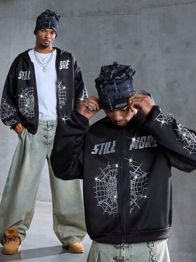 Street Life Sweat-shirt à capuche décontracté avec fermeture éclair et motif toile d'araignée pour hommes