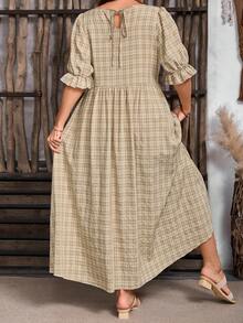 EMERY ROSE Plus Size Women Loose Plaid Puff Sleeve Casual Dress - Yellow - View 2