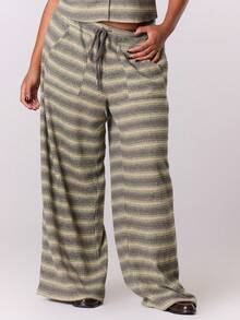 MUSERA 加大码条纹抽绳腰阔腿裤 - 彩色 - 查看 2