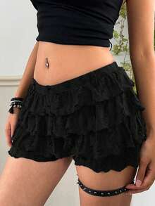 SHEIN EZwear 复古黑色荷叶边针织短裤，女士黑色褶边短裤，荷叶边半裙，短裤派对套装，女士短裙套装，女士半裙 - 黑色 - 查看 6