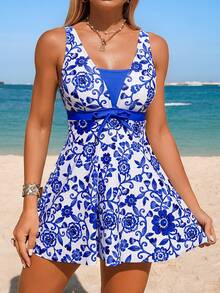 Swim Lushoire 蓝色波西米亚风热带植物印花吊带泳衣，保守海滩度假风 - 彩色 - 查看 5