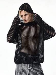 ROMWE MEN Goth Áo len dệt kim dài tay khoét vai màu trơn dáng rộng có mũ trùm đầu cho nam - màu đen - Xem 1
