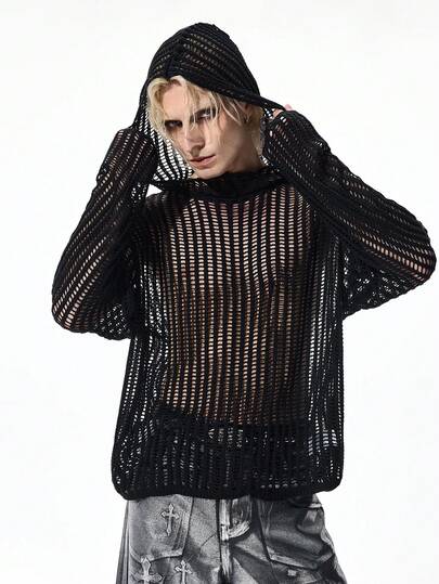 Street Life Herren einfarbiger Pullover mit Kapuze, Loose Fit, Drop-Shoulder, Langarm, Lochstrick