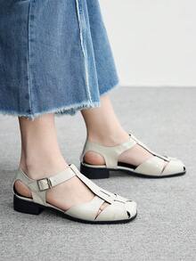 CUCCOO BIZCHIC Giày sandal đế mềm thoải mái, mũi kín, kiểu dáng La Mã, dệt thủ công, mùa hè, kiểu retro mới, mũi vuông, khoét rỗng, kiểu lồng heo cho nữ. - Màu be - Xem 4