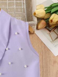 SHEIN Elladie kids 3pcs Young Girls Pink Blazer, Camisole, And Pearl Shorts Set, Casual Elegant Summer Outfit Girls Blazer Set Shorts Suit For Girls Tweens Dress Blazer Set - Purple - View 11