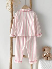 2件套 女童时尚可爱粉色条纹兔子印花甜美温柔翻领开衫长袖睡衣套装 - 粉色 - 查看 2