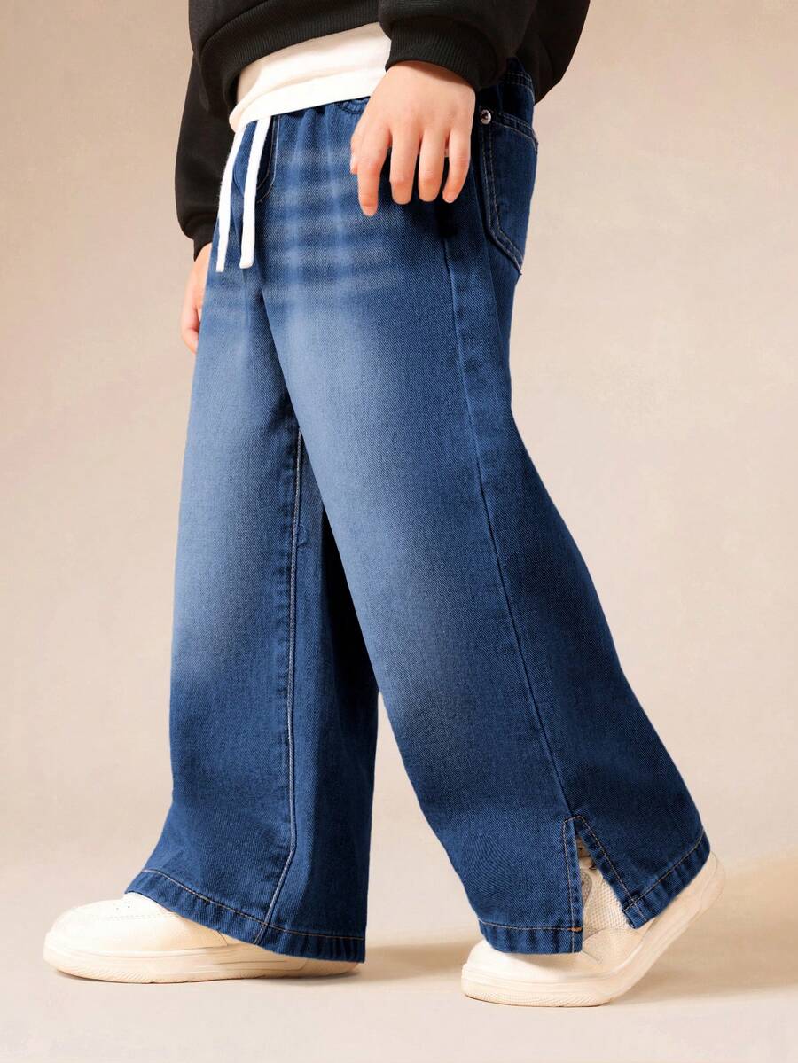 Quần jeans ống rộng SUMWON cho trẻ em, có dây rút và chi tiết xẻ gấu, thích hợp mặc hàng ngày hoặc đi nghỉ mát. - Rửa tối - Xem 1